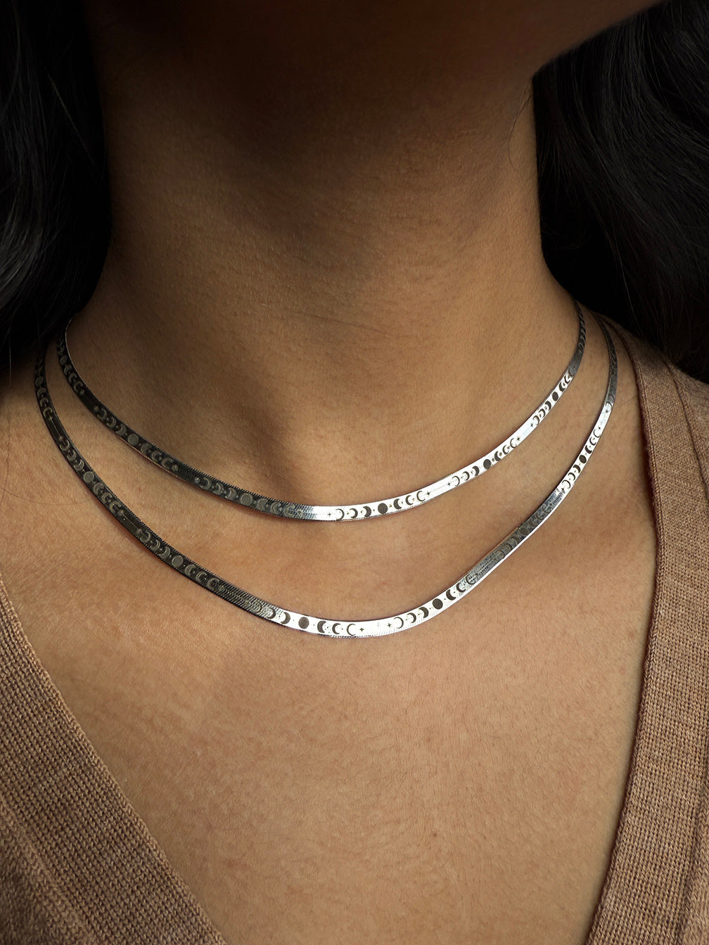 Moon Phase Herringbone Chain - Silver