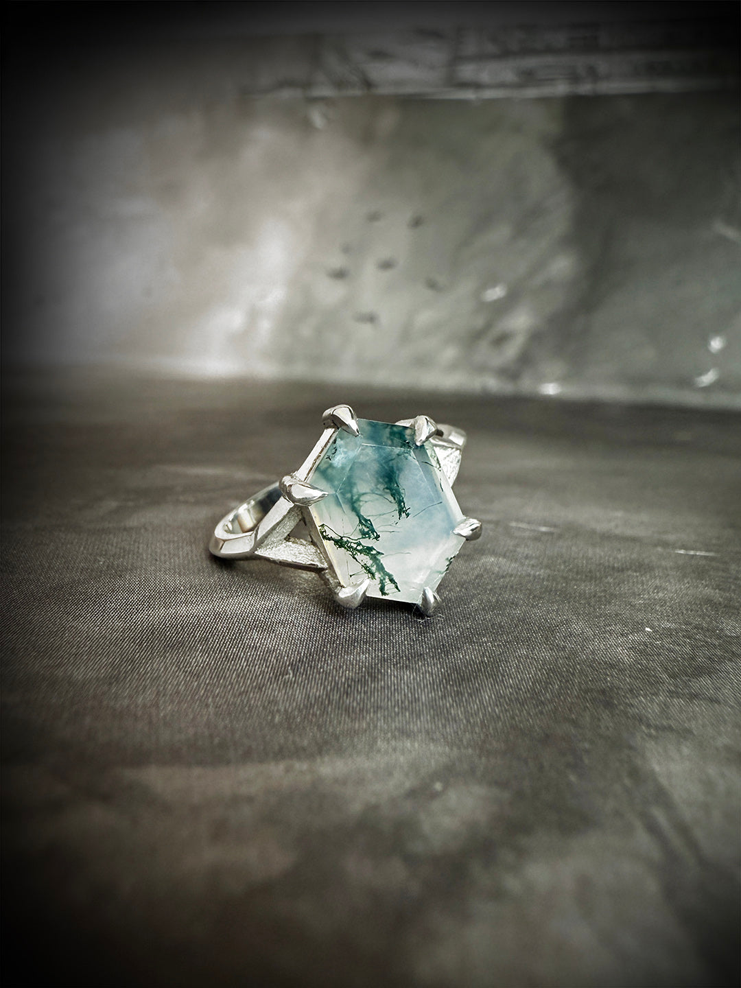 Hex Moss Agate Silver Ring