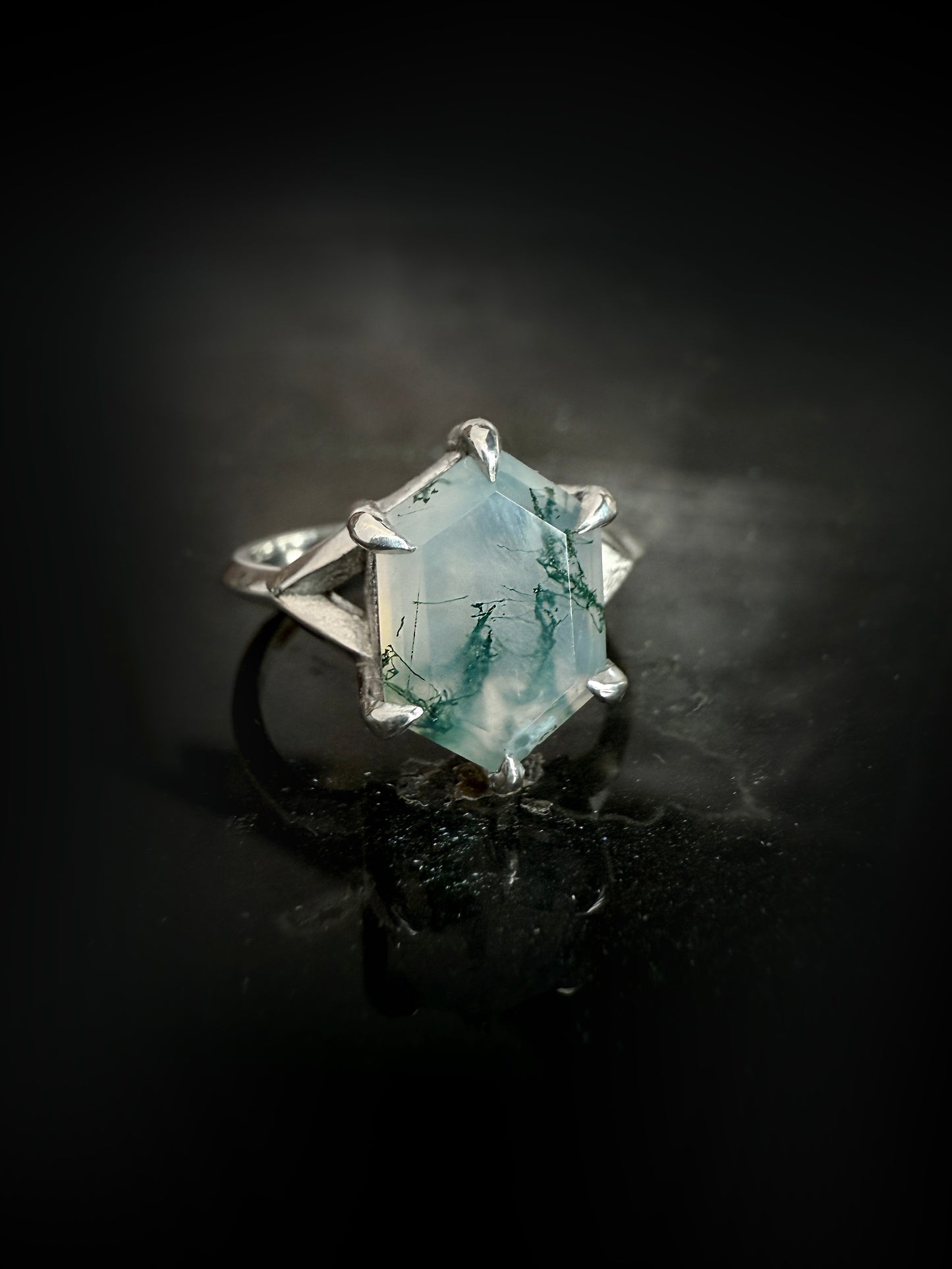 Hex Moss Agate Silver Ring