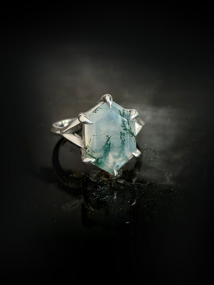 Hex Moss Agate Silver Ring