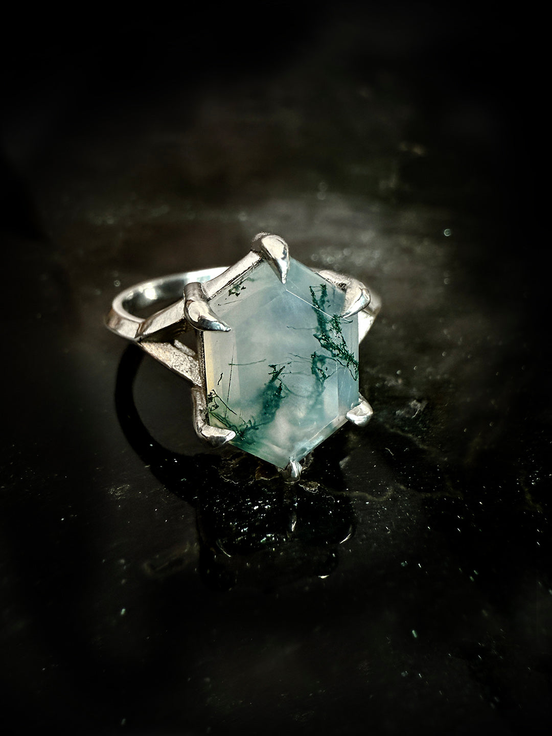 Hex Moss Agate Silver Ring