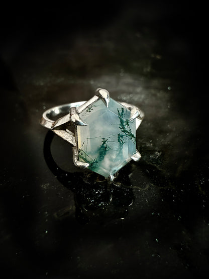 Hex Moss Agate Silver Ring