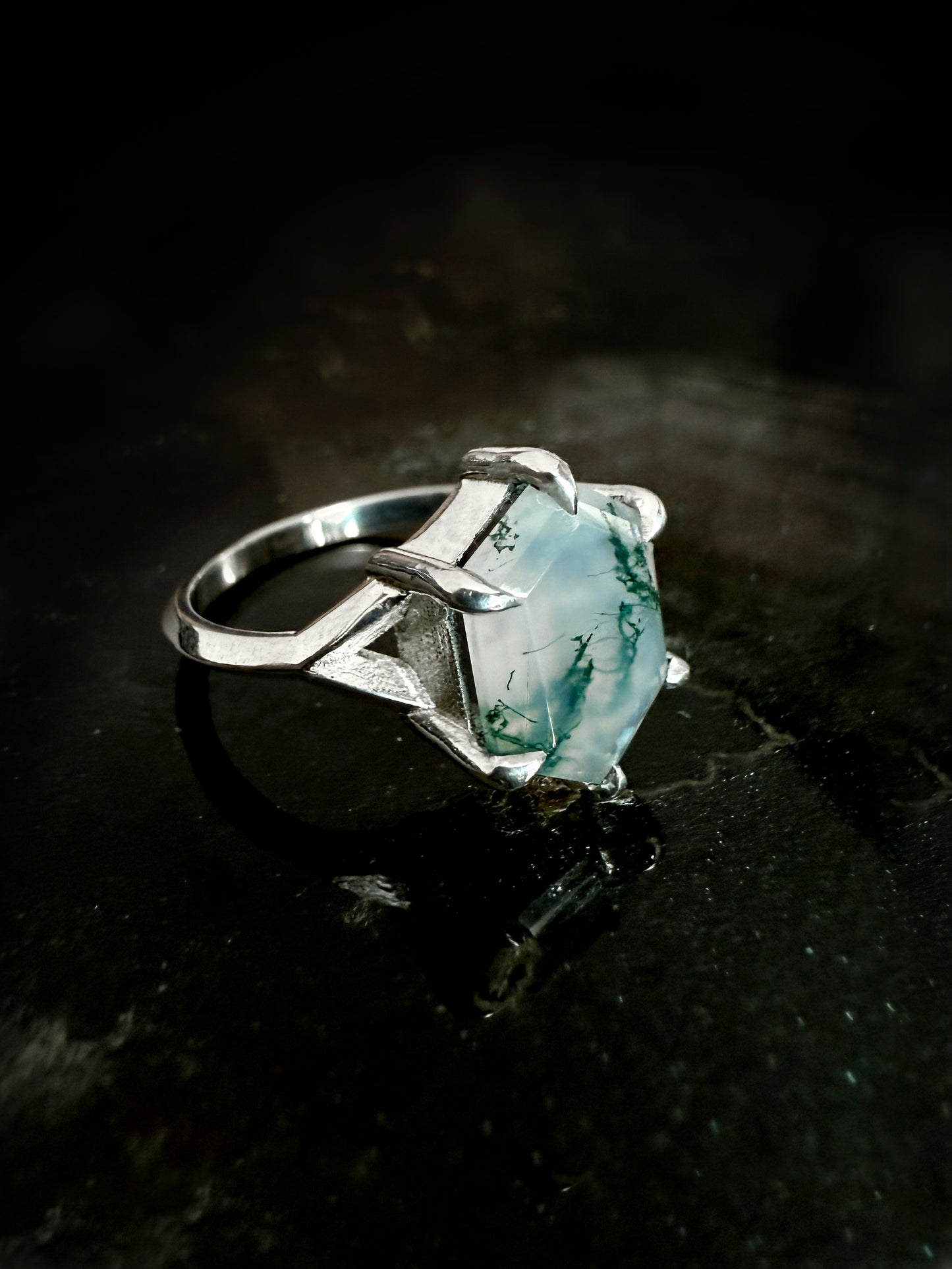 Hex Moss Agate Silver Ring