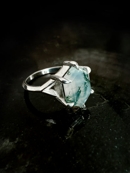 Hex Moss Agate Silver Ring