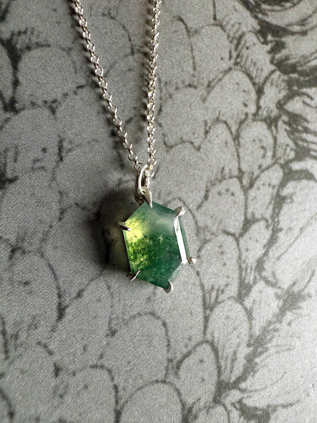 Moss Agate Hex Silver Necklace