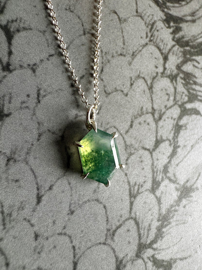 Moss Agate Hex Silver Necklace