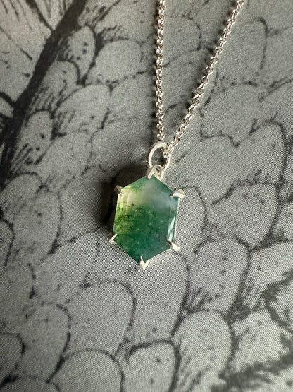 Moss Agate Hex Silver Necklace