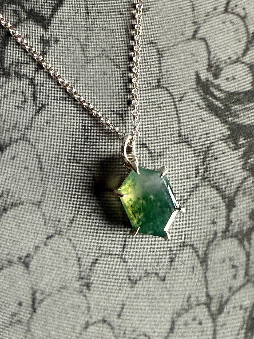 Moss Agate Hex Silver Necklace