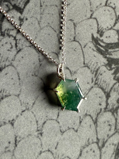 Moss Agate Hex Silver Necklace