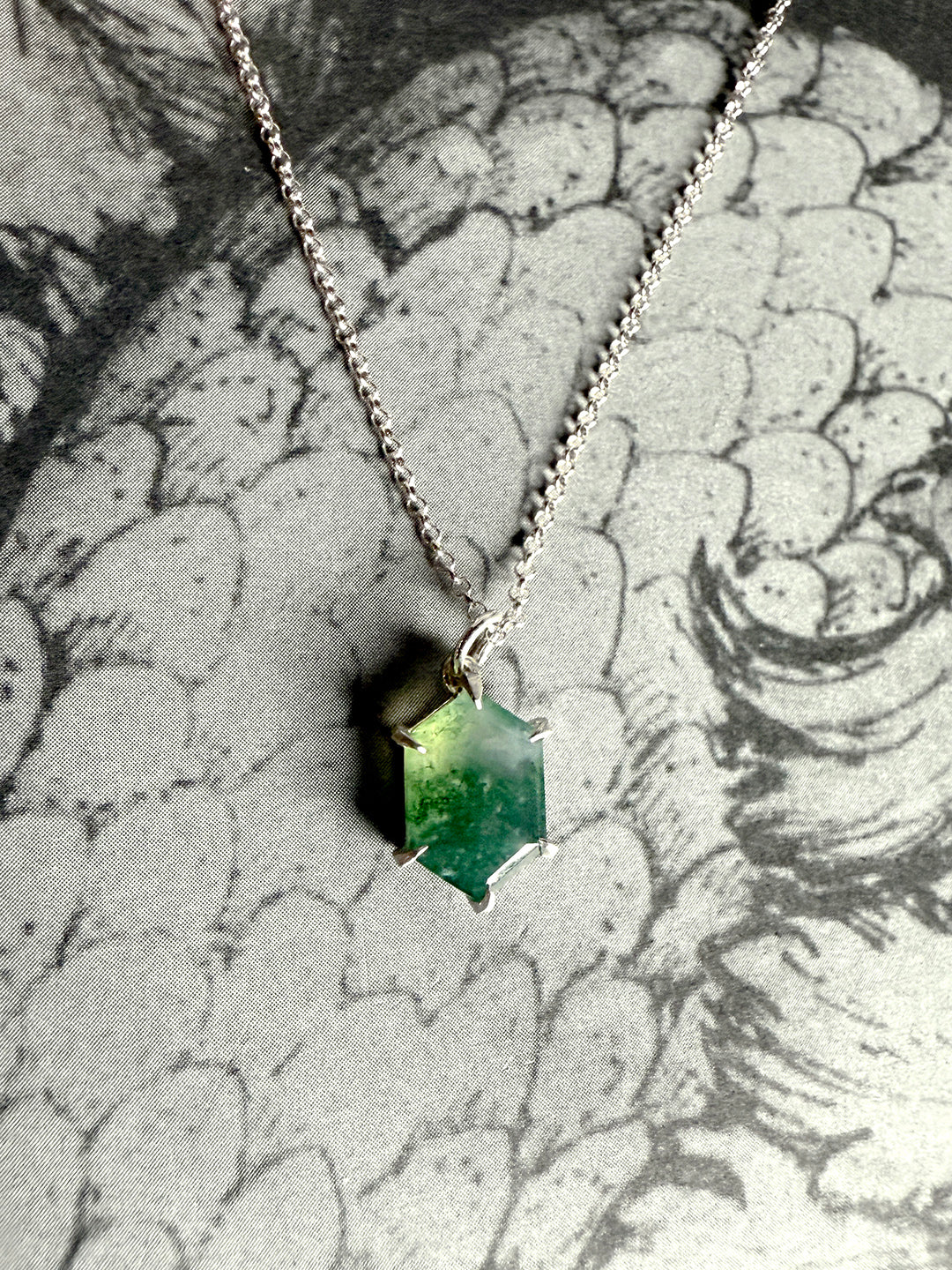 Moss Agate Hex Silver Necklace