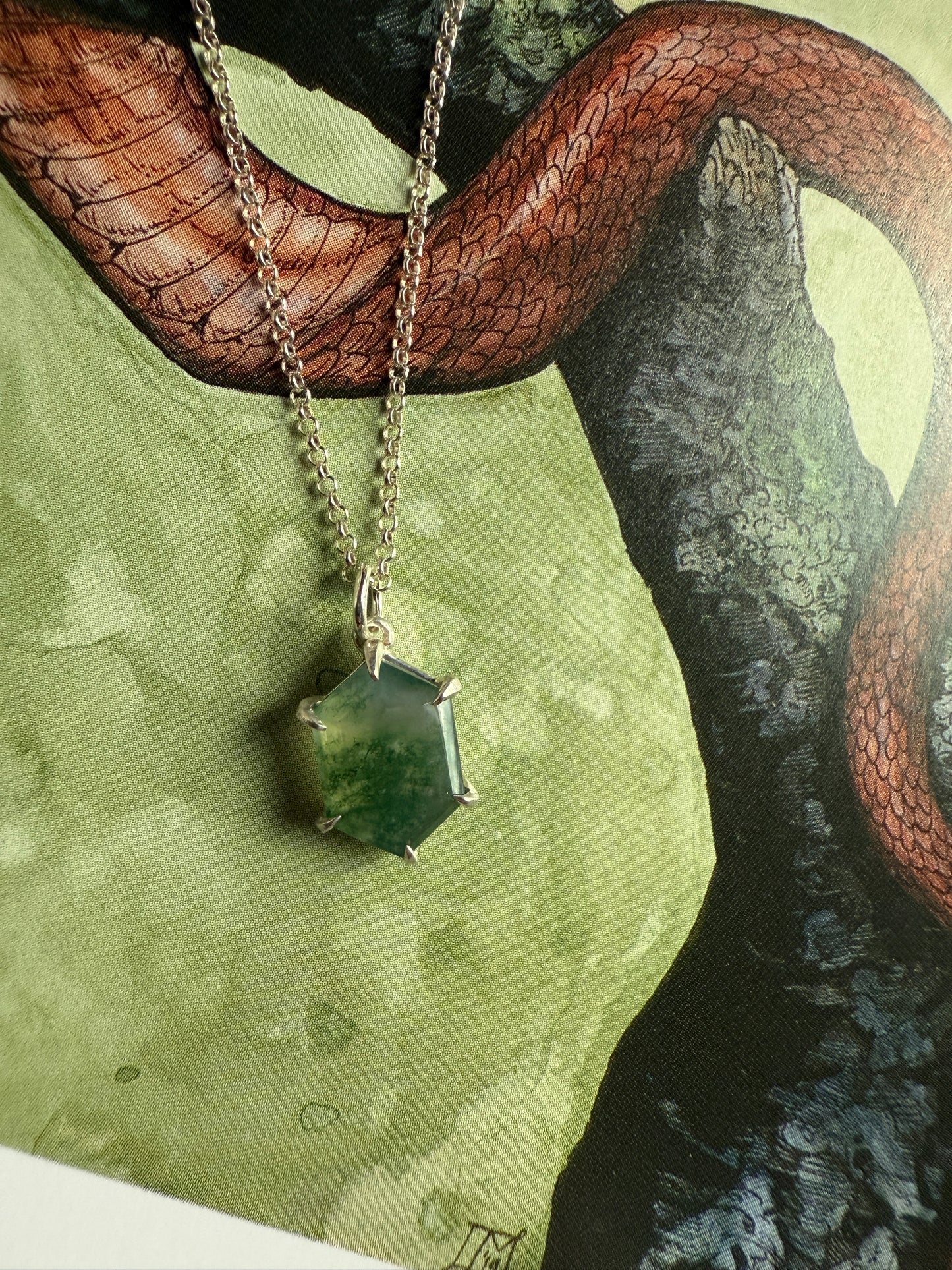 Moss Agate Hex Silver Necklace