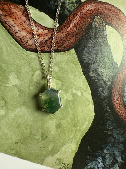 Moss Agate Hex Silver Necklace