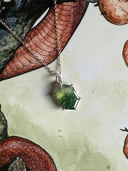 Moss Agate Hex Silver Necklace