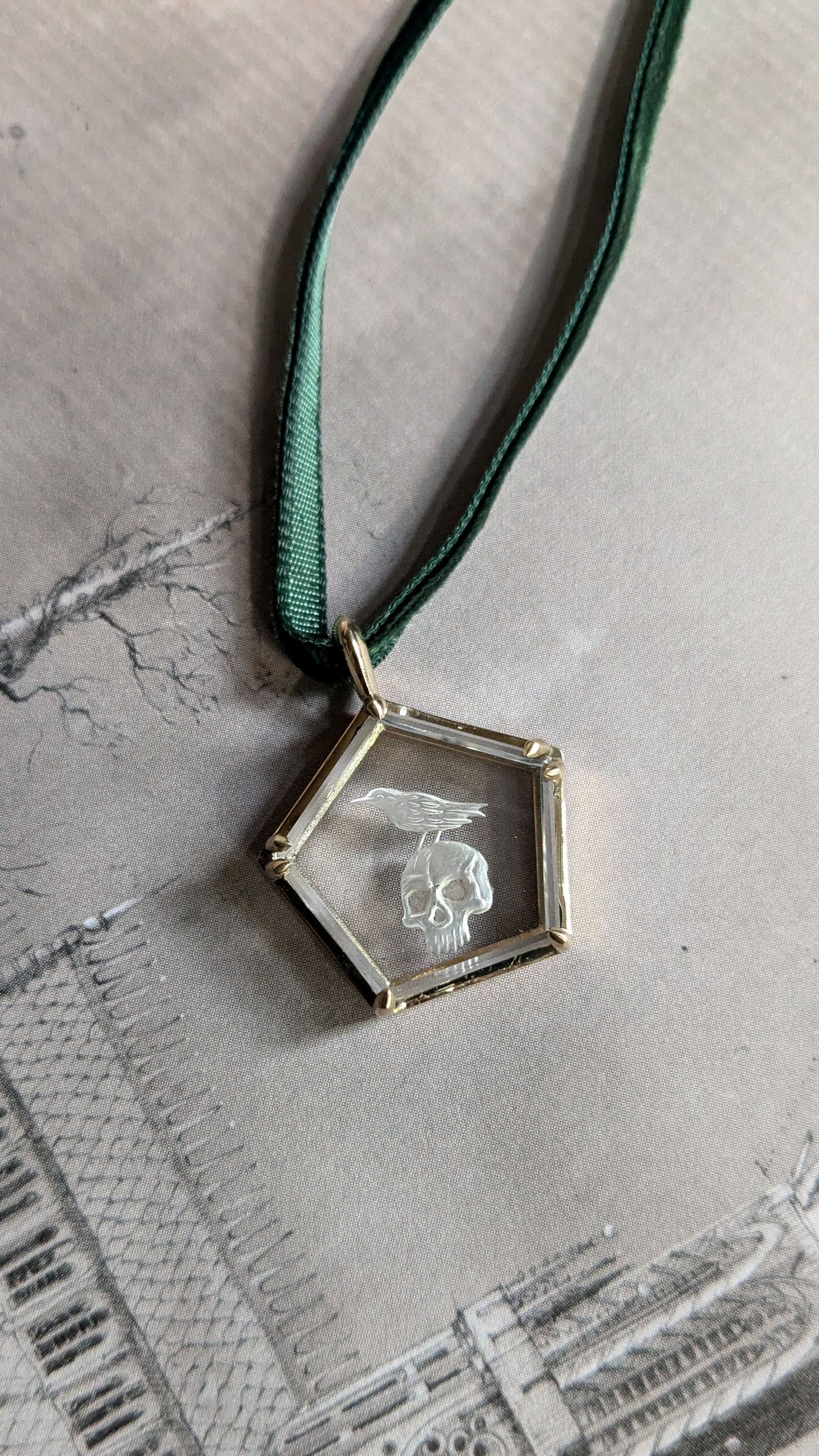 Raven Skull Intaglio Yellow Gold Pendant