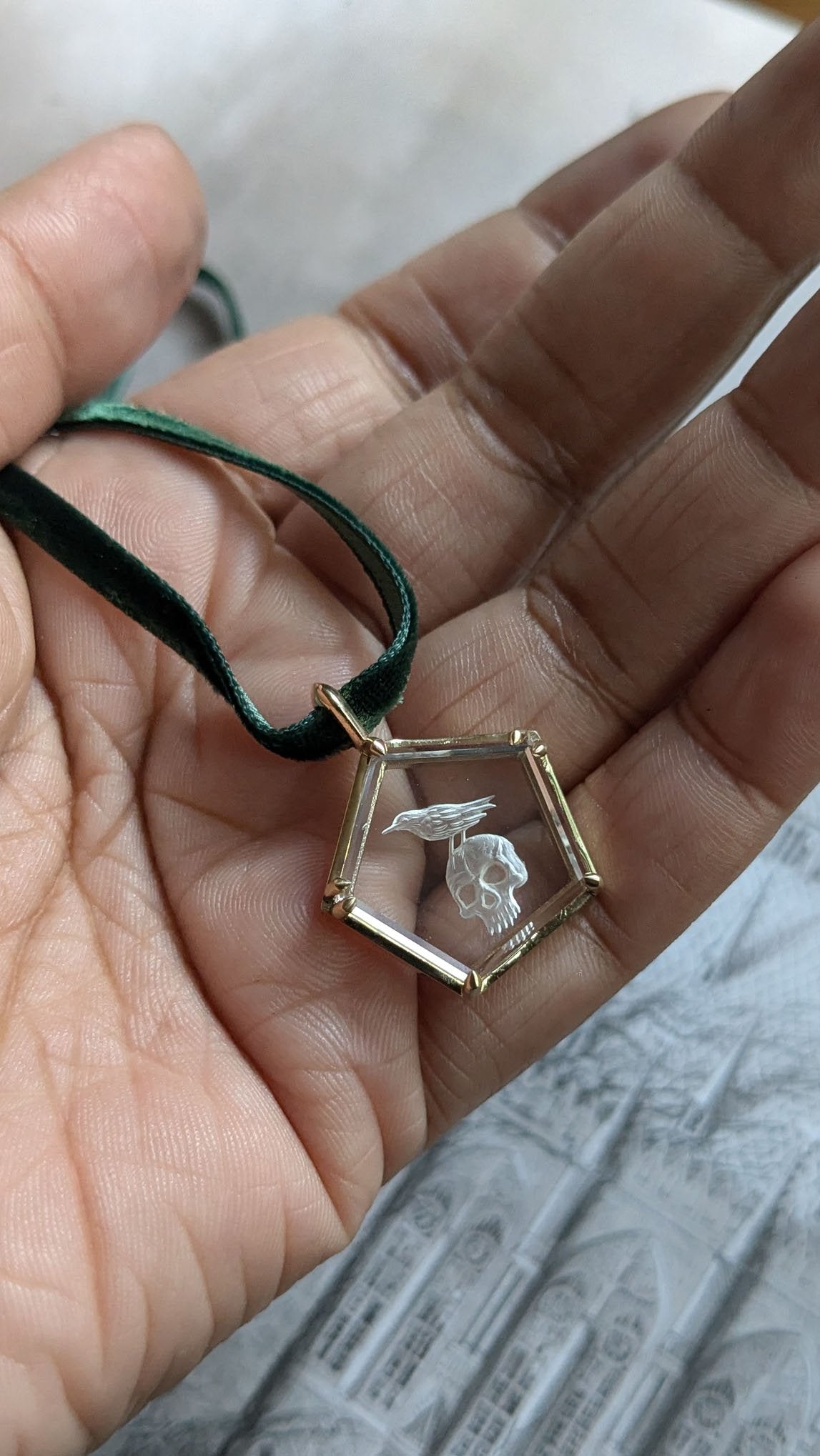 Raven Skull Intaglio Yellow Gold Pendant