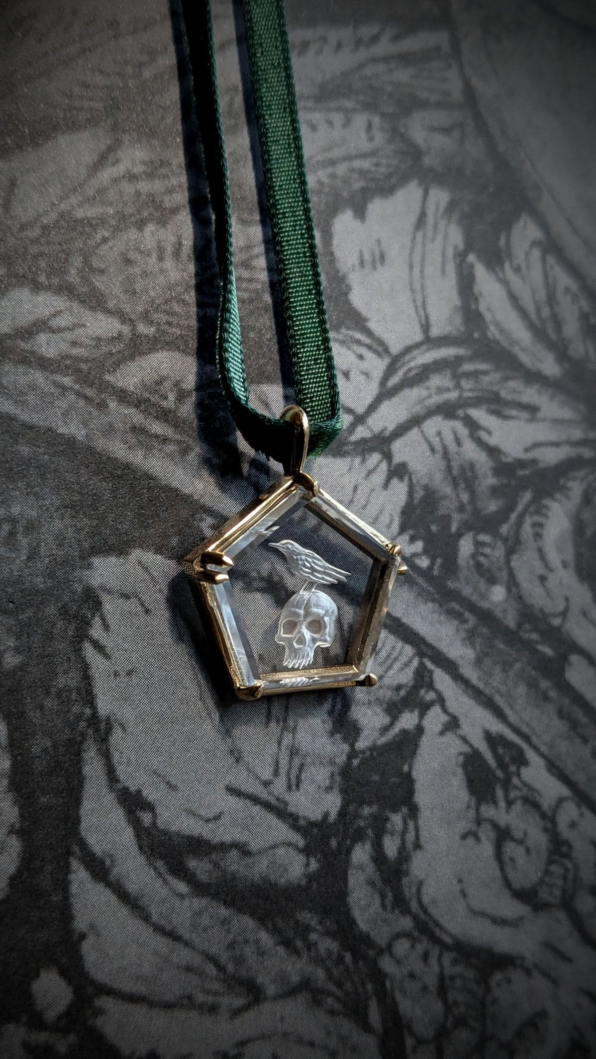 Raven Skull Intaglio Yellow Gold Pendant