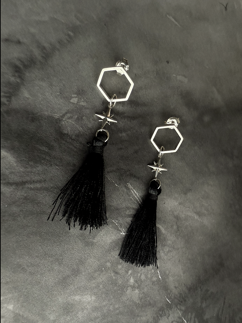 Hex Celeste Black Tassel Earrings