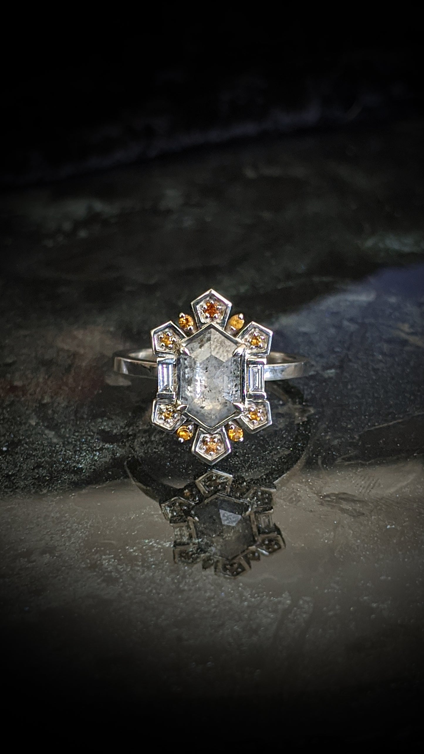 Sitrina Salt and Pepper Diamond Halo Ring