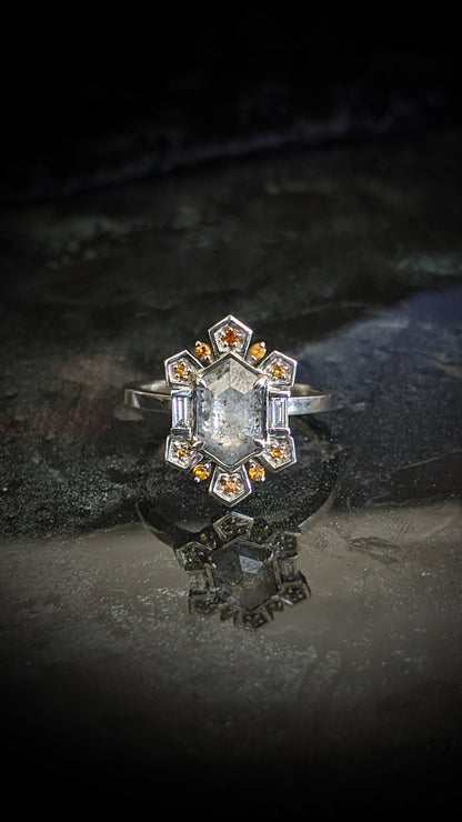 Sitrina Salt and Pepper Diamond Halo Ring