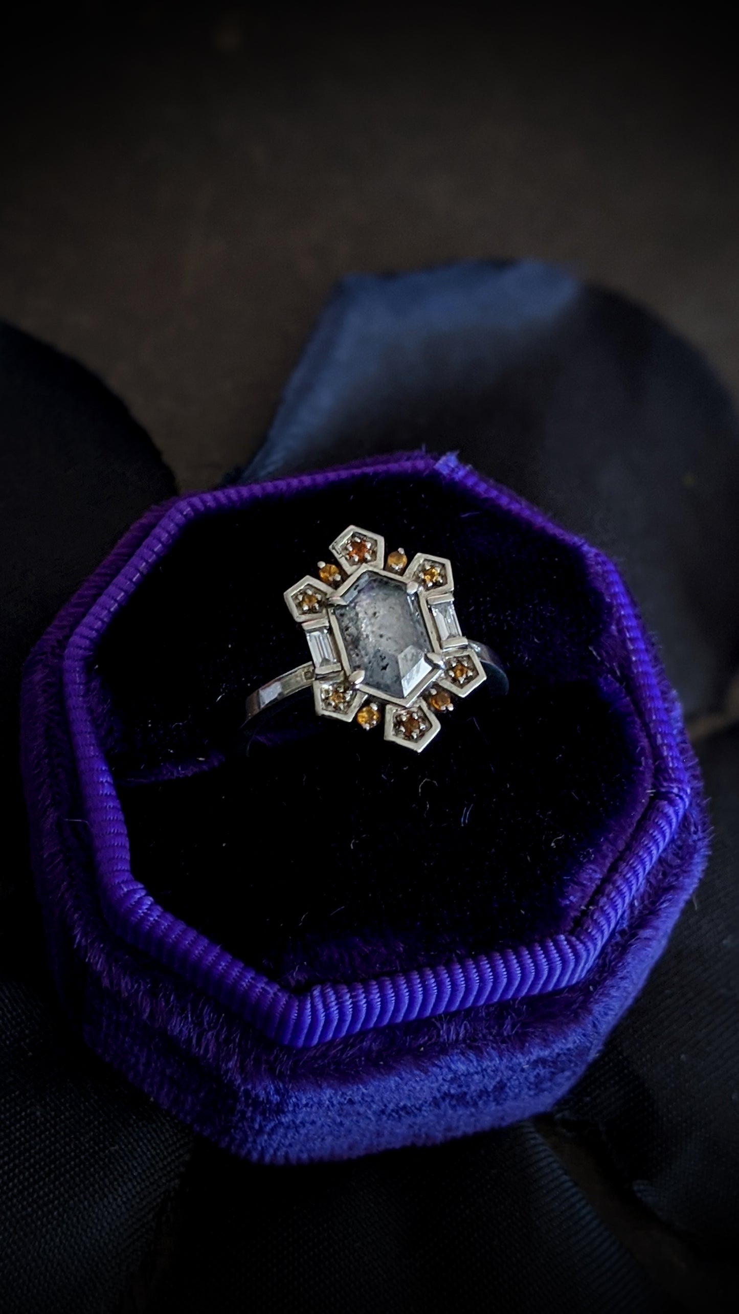 Sitrina Salt and Pepper Diamond Halo Ring