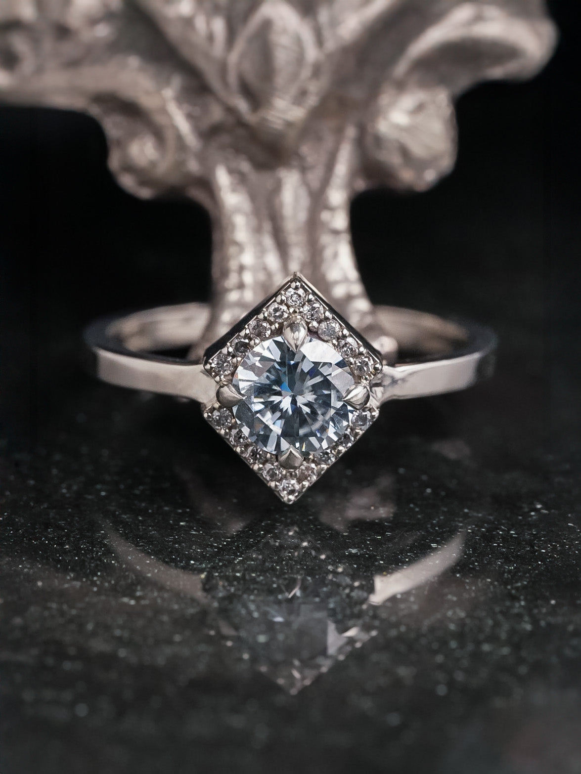 Greyjoy Grey Moissanite Chevron Halo