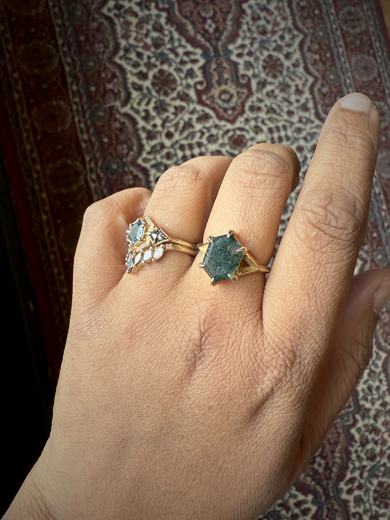 Hex Moss Agate Ring